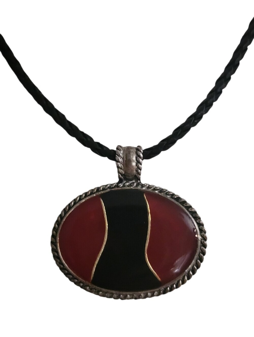 Black Burgundy Oval Inlay Pendant Black Leather Necklace
